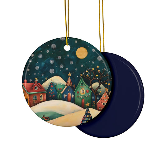 Whimsical Village Ornament | Colorful Winter Night Ceramic Keepsake | The Anchored Bloom Holiday Collection