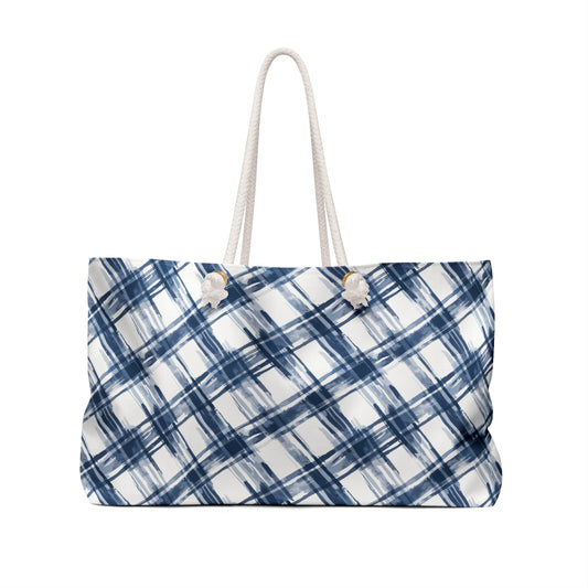 Personalized Navy Plaid Rope Handle Weekender Tote Bag