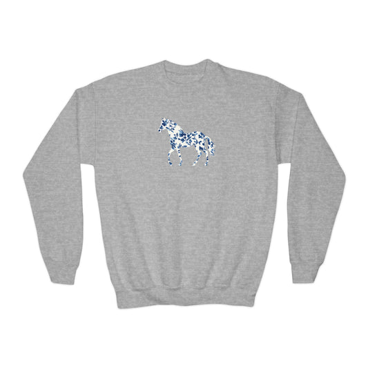 Floral Horse Youth Crewneck Sweatshirt - Blue Vine