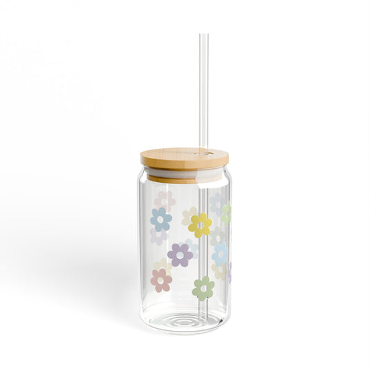 Pastel Wildflower Glass Can Tumbler with Bamboo Lid & Straw | Cute Iced Coffee Cup