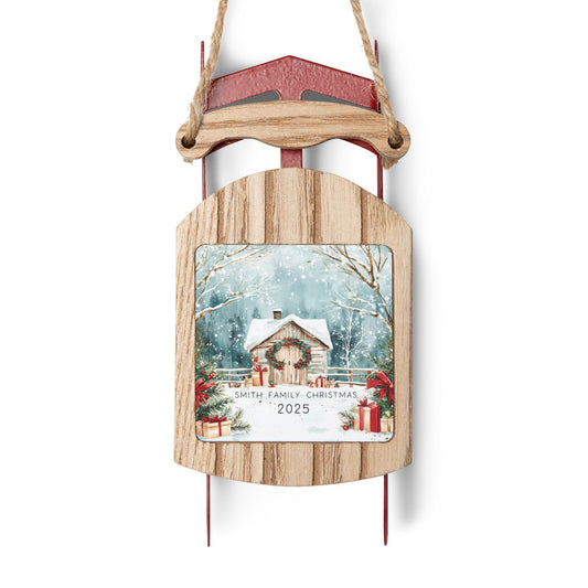 Personalized Holiday Barn Sled Ornament by The Anchored Bloom