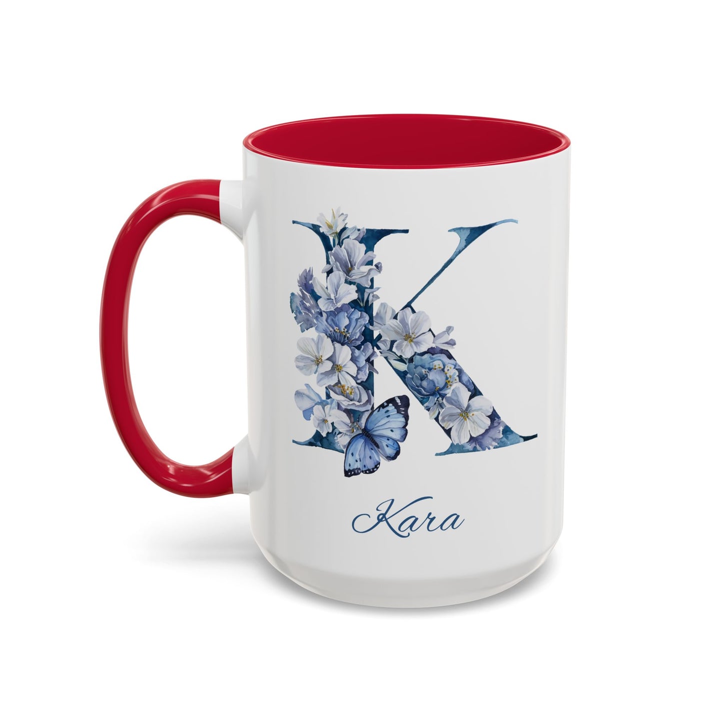 Personalized Floral Initial Mug | Custom Letter & Name Ceramic Coffee Mug | Blue or Red Accent | 11oz or 15oz