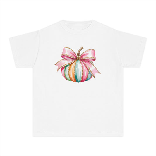 Pastel Pumpkin Bow Kids T-Shirt – Cute Fall Shirt for Girls, Festive Fall Tee, Thanksgiving & Halloween Outfit