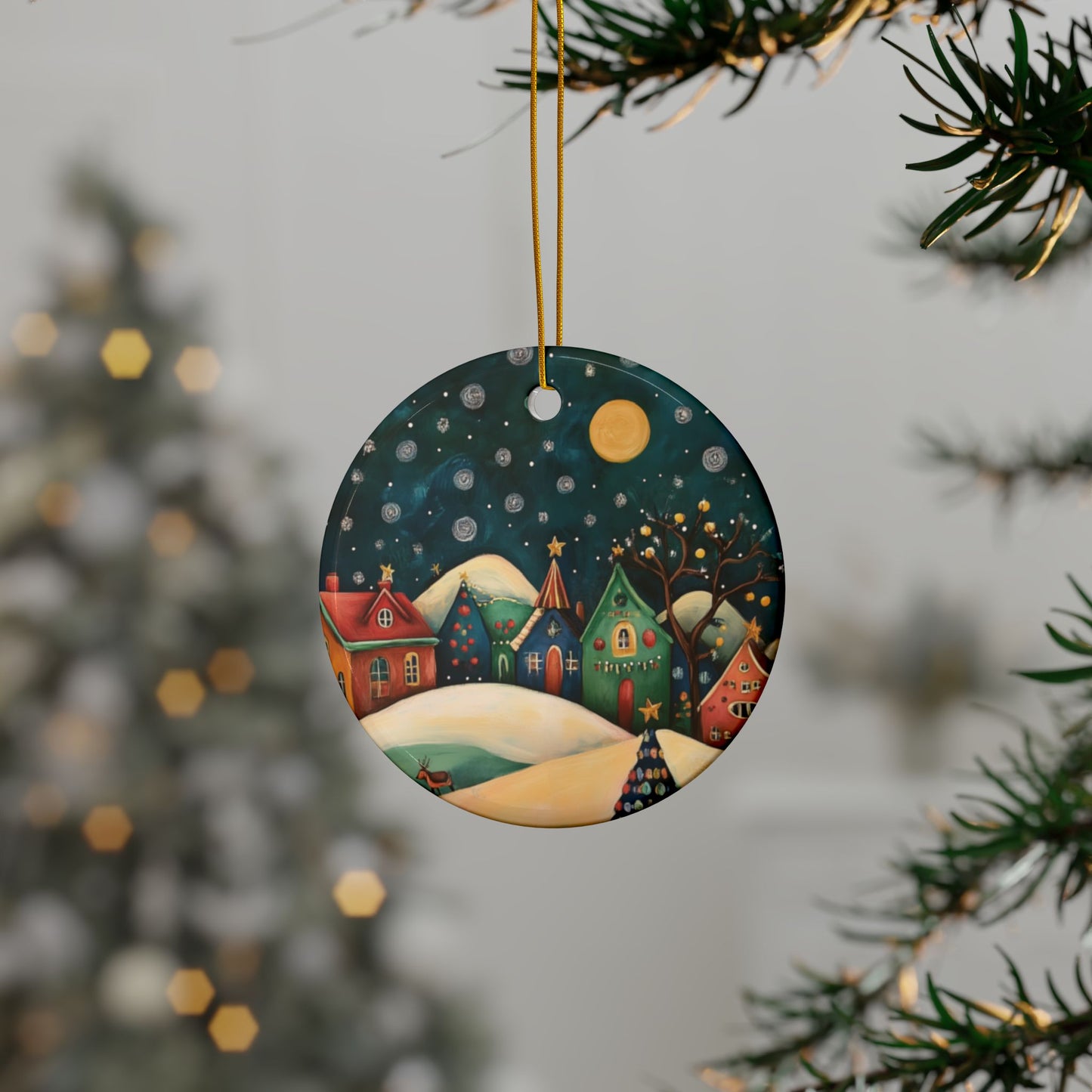 Whimsical Village Ornament | Colorful Winter Night Ceramic Keepsake | The Anchored Bloom Holiday Collection