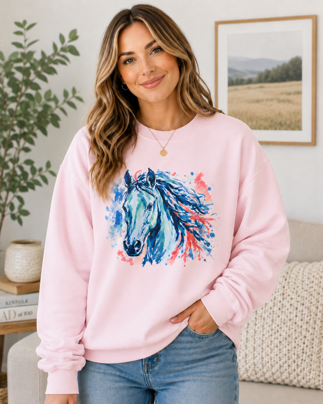 Blue Watercolor Horse Sweatshirt | Equestrian Crewneck