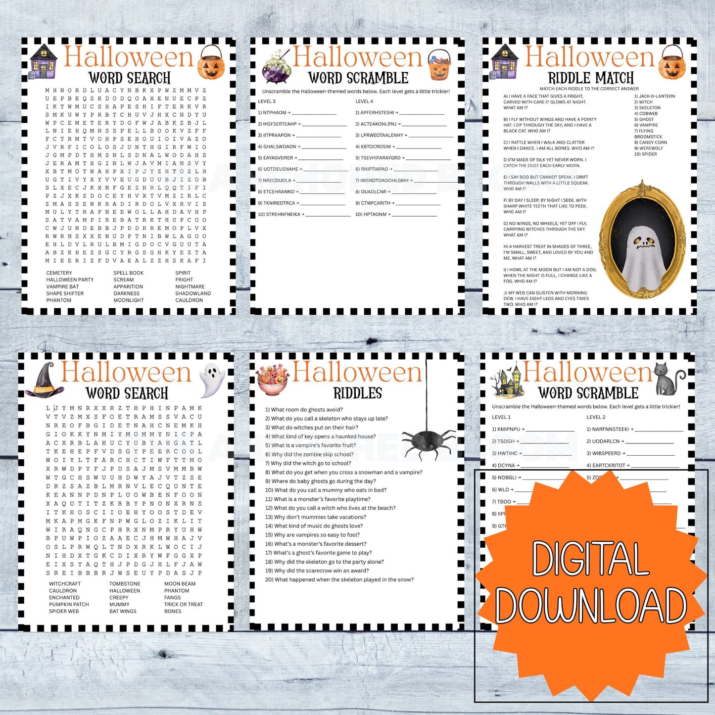 Halloween Games Printable Bundle | 6 Fun Activities for Kids | Word Search, Scramble, and Riddles | Classroom & Family Digital Download