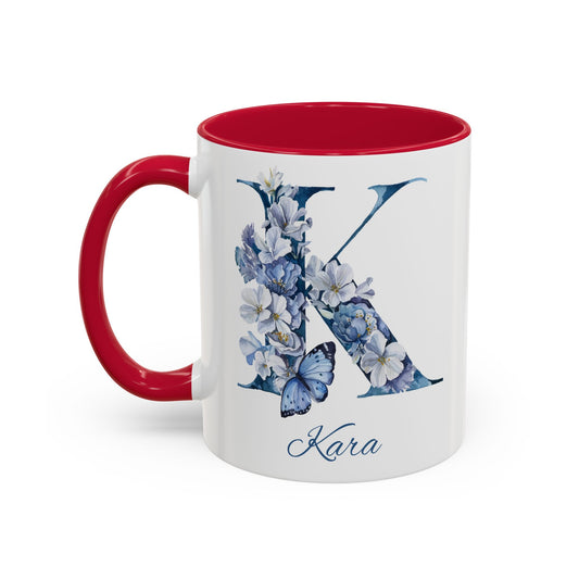 Personalized Floral Initial Mug | Custom Letter & Name Ceramic Coffee Mug | Blue or Red Accent | 11oz or 15oz