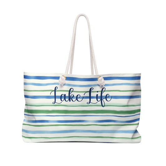 Personalized Blue and Green Stripe Rope Handle Tote Bag
