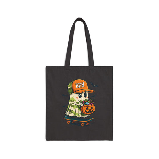 Personalized Skateboard Ghost Halloween Tote Bag | Custom Trick or Treat Bag for Kids