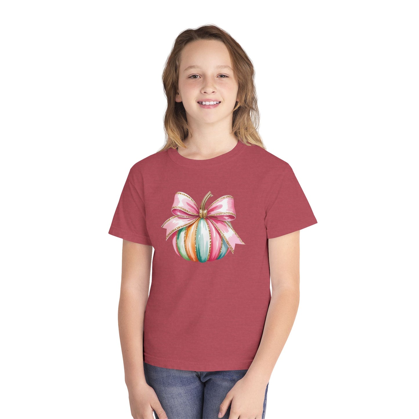 Pastel Pumpkin Bow Kids T-Shirt – Cute Fall Shirt for Girls, Festive Fall Tee, Thanksgiving & Halloween Outfit