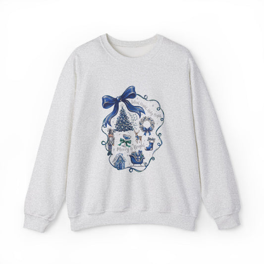 Silent Night Blue Christmas Wreath Cozy Sweatshirt