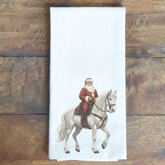 Holiday Santa on White Horse Cotton Tea Towel