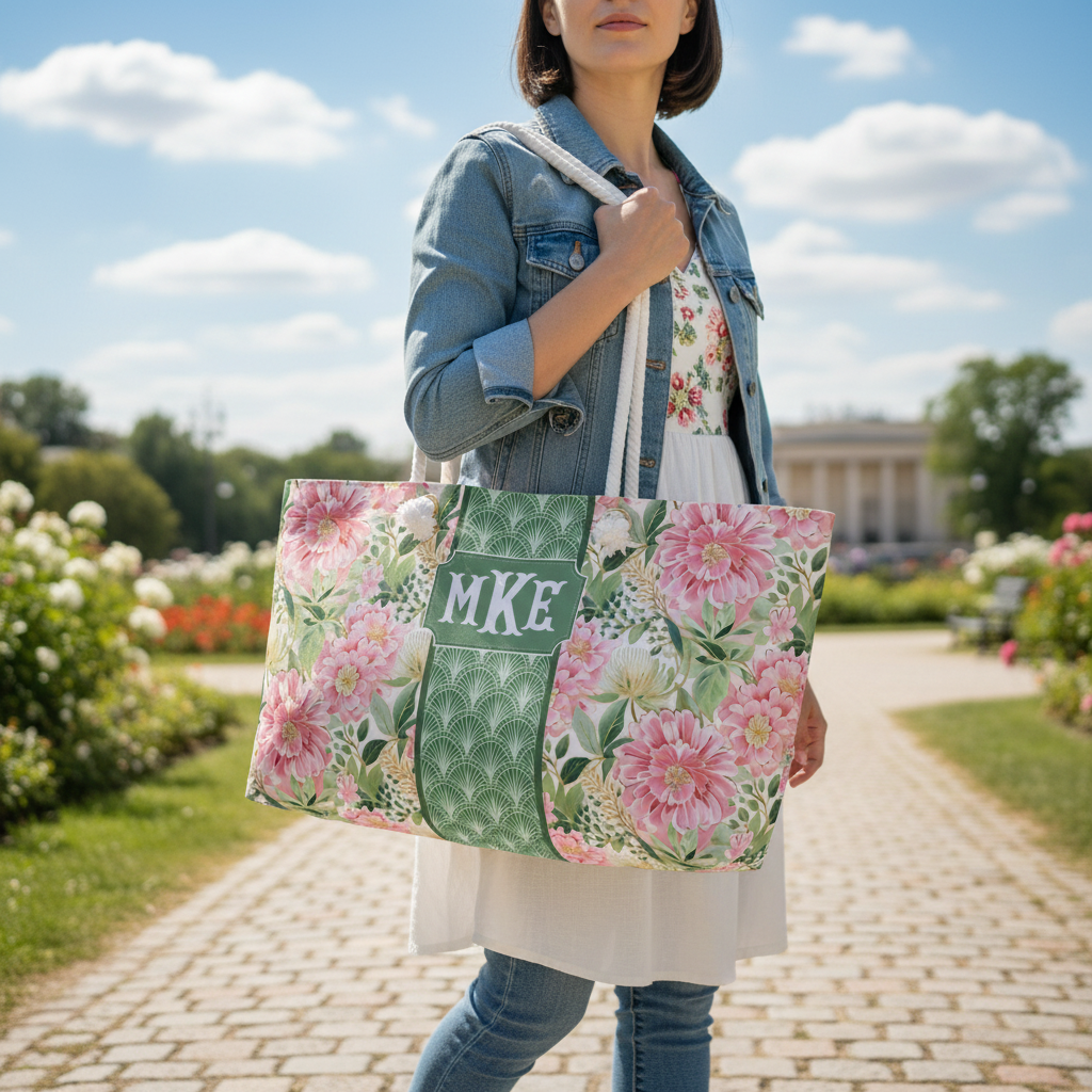 Personalized Pink Floral Rope Handle Tote Bag