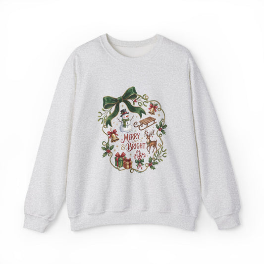 Merry and Bright Snowman Holiday Wreath Cozy Sweatshirt