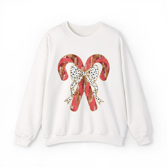 Coquette Candy Cane Bow Sweatshirt | Glitter Brushstroke Holiday Crewneck