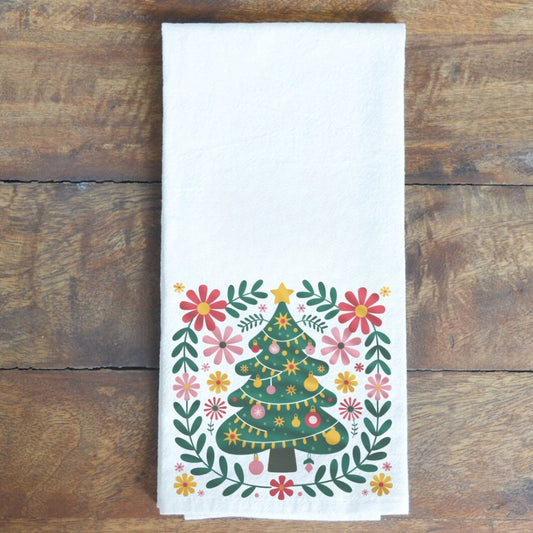 Holiday Floral Christmas Tree Cotton Tea Towel