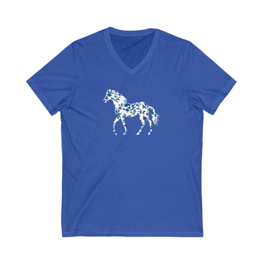 Floral Horse V-Neck T-Shirt - Blue Vine