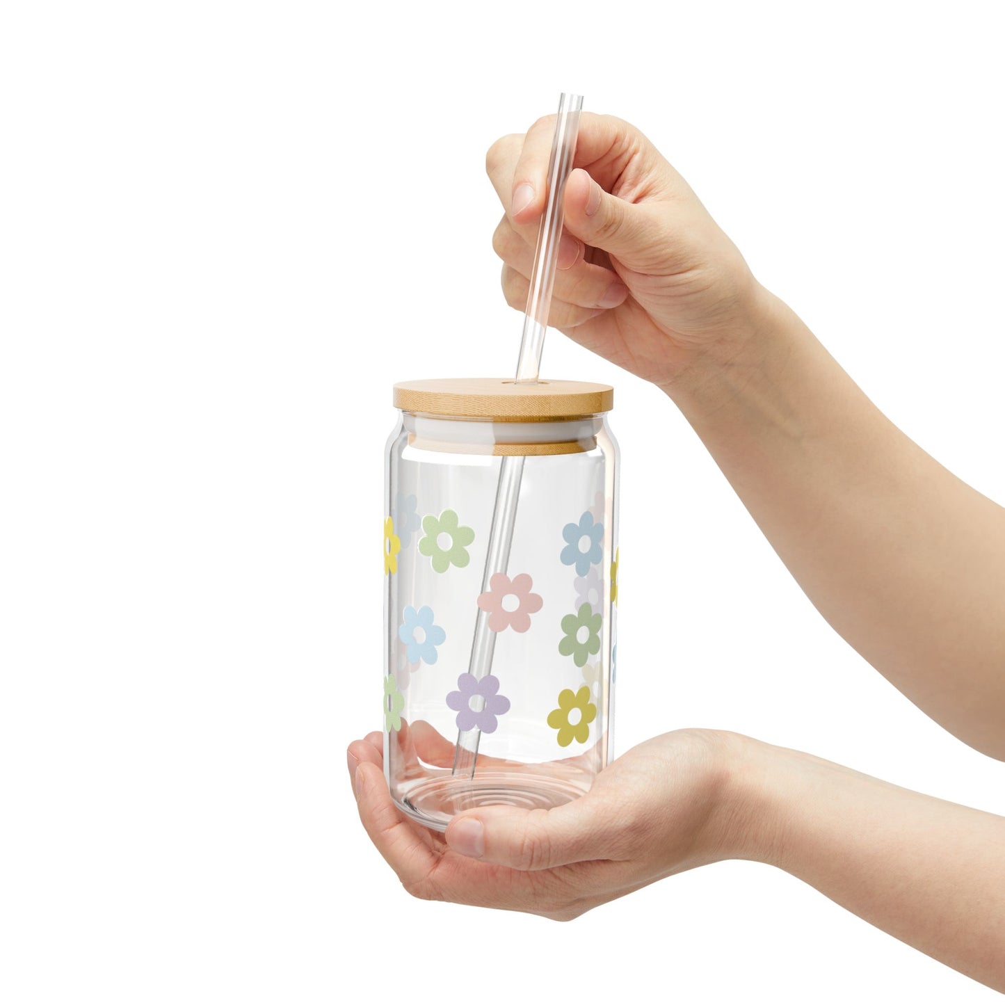 Pastel Wildflower Glass Can Tumbler with Bamboo Lid & Straw | Cute Iced Coffee Cup