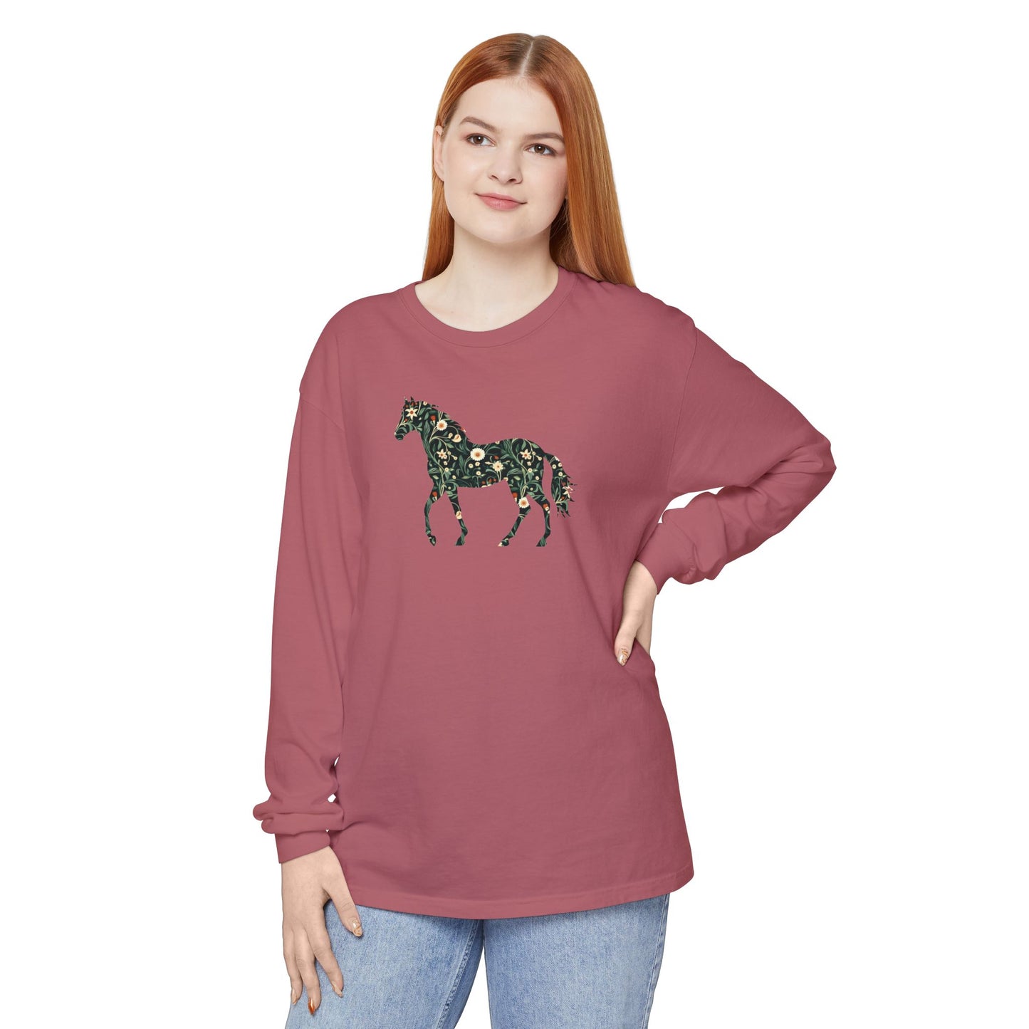Floral Horse Long Sleeve T-Shirt - Green Vines