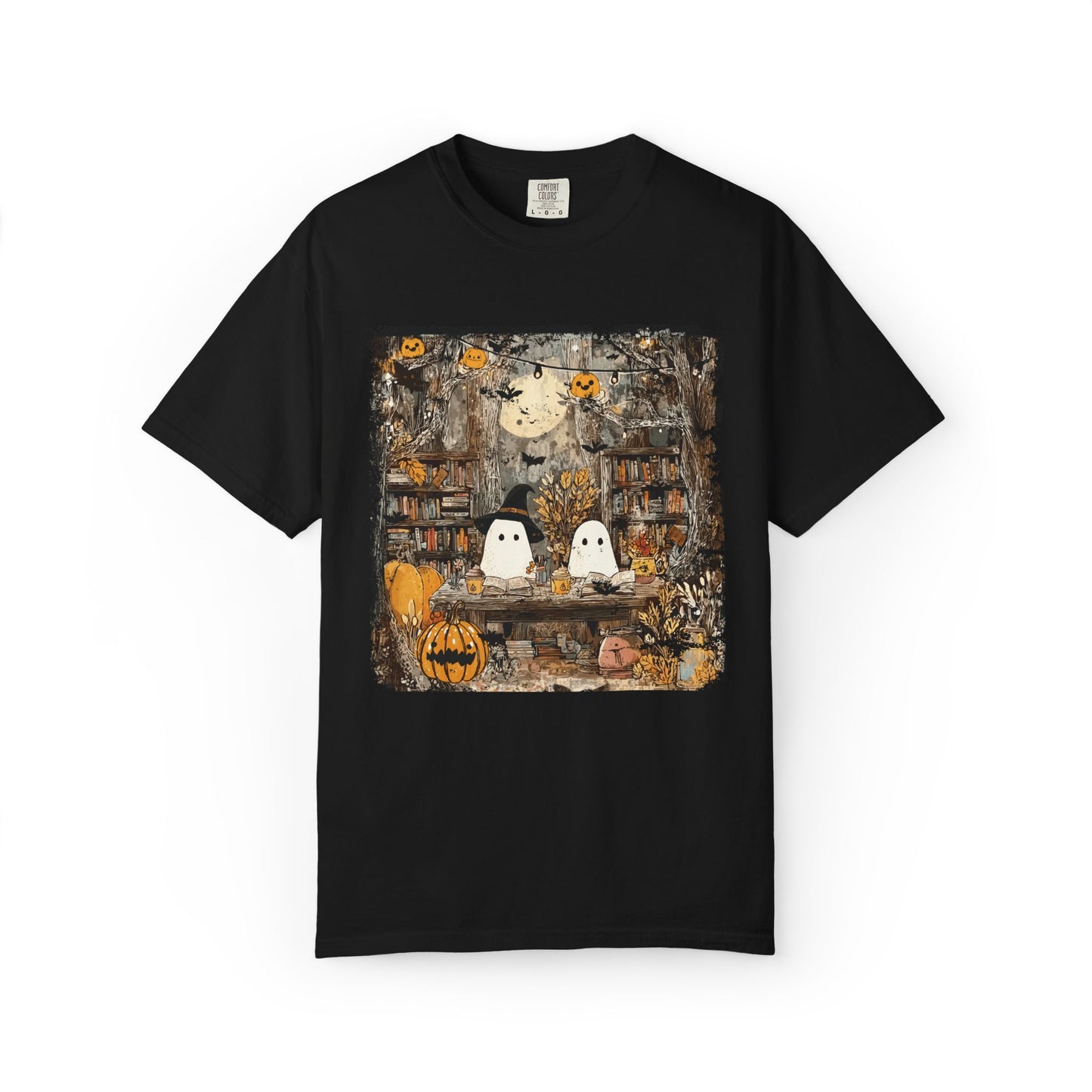 Ghost Library Comfort Colors T-Shirt | Cozy Halloween Reading Graphic Tee