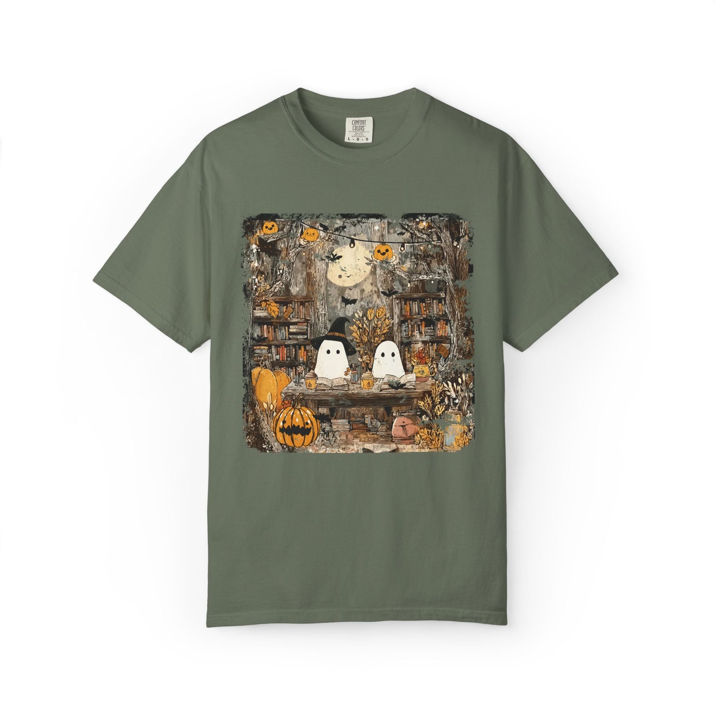 Ghost Library Comfort Colors T-Shirt | Cozy Halloween Reading Graphic Tee