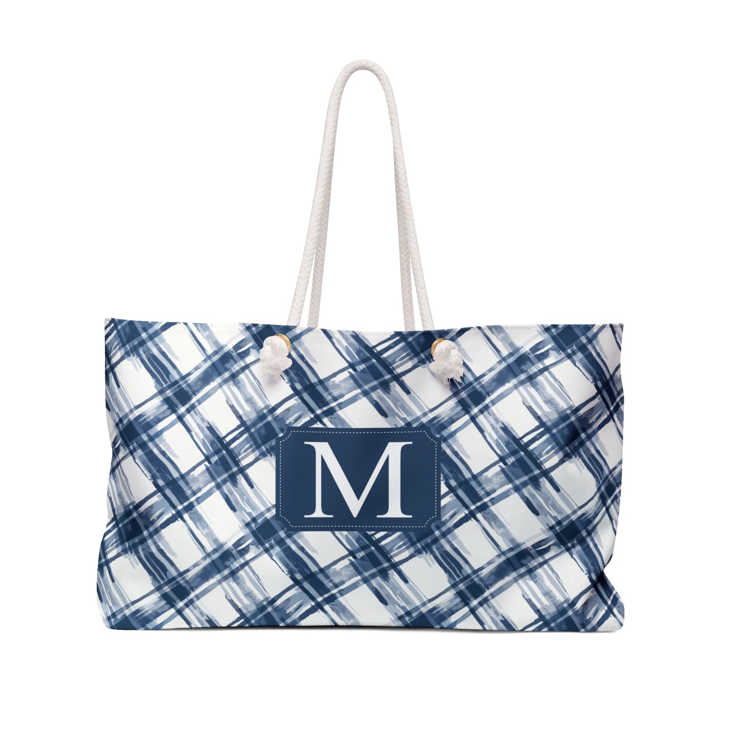 Personalized Navy Plaid Rope Handle Weekender Tote Bag
