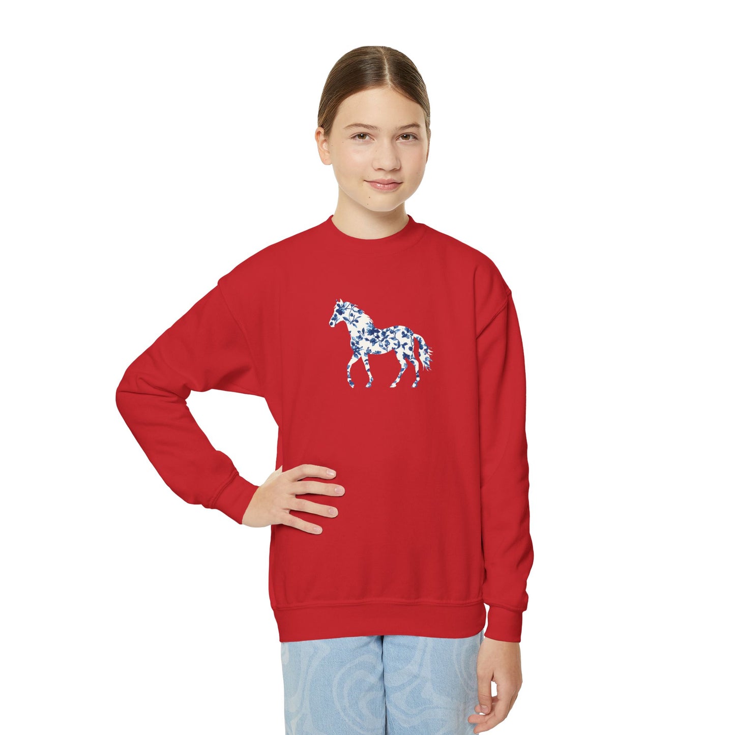Floral Horse Youth Crewneck Sweatshirt - Blue Vine