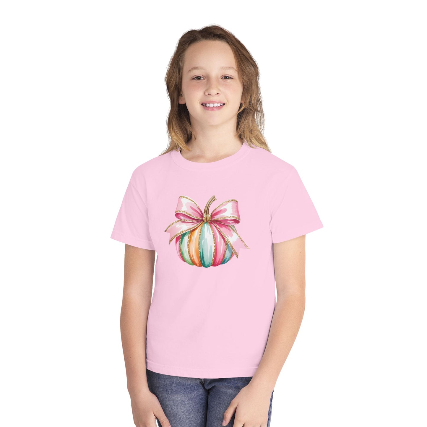 Pastel Pumpkin Bow Kids T-Shirt – Cute Fall Shirt for Girls, Festive Fall Tee, Thanksgiving & Halloween Outfit