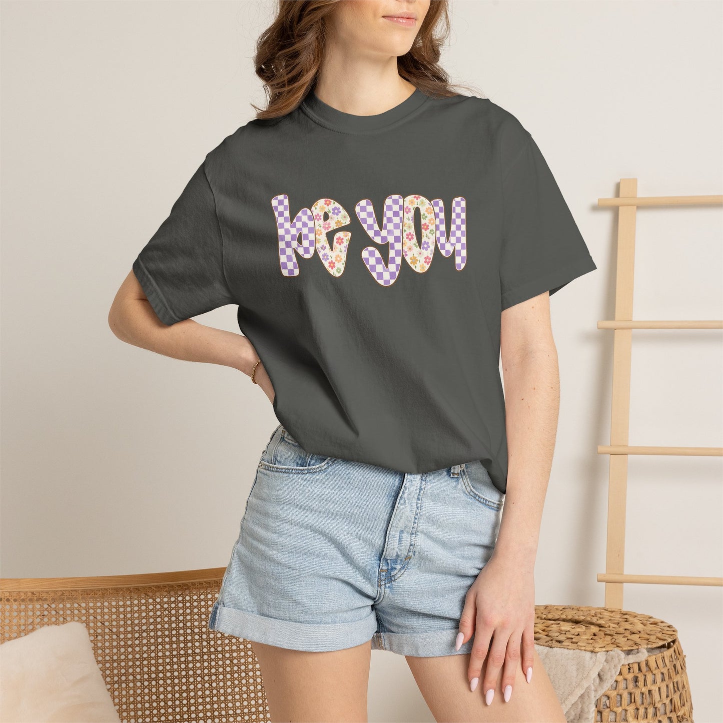 Be You Comfort Colors® T-Shirt | Retro Floral Checkered Inspirational Shirt