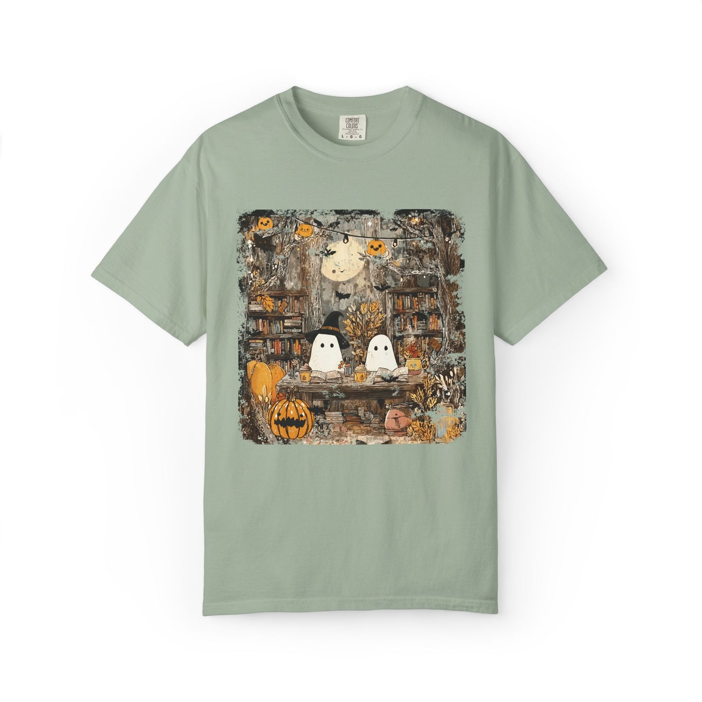 Ghost Library Comfort Colors T-Shirt | Cozy Halloween Reading Graphic Tee