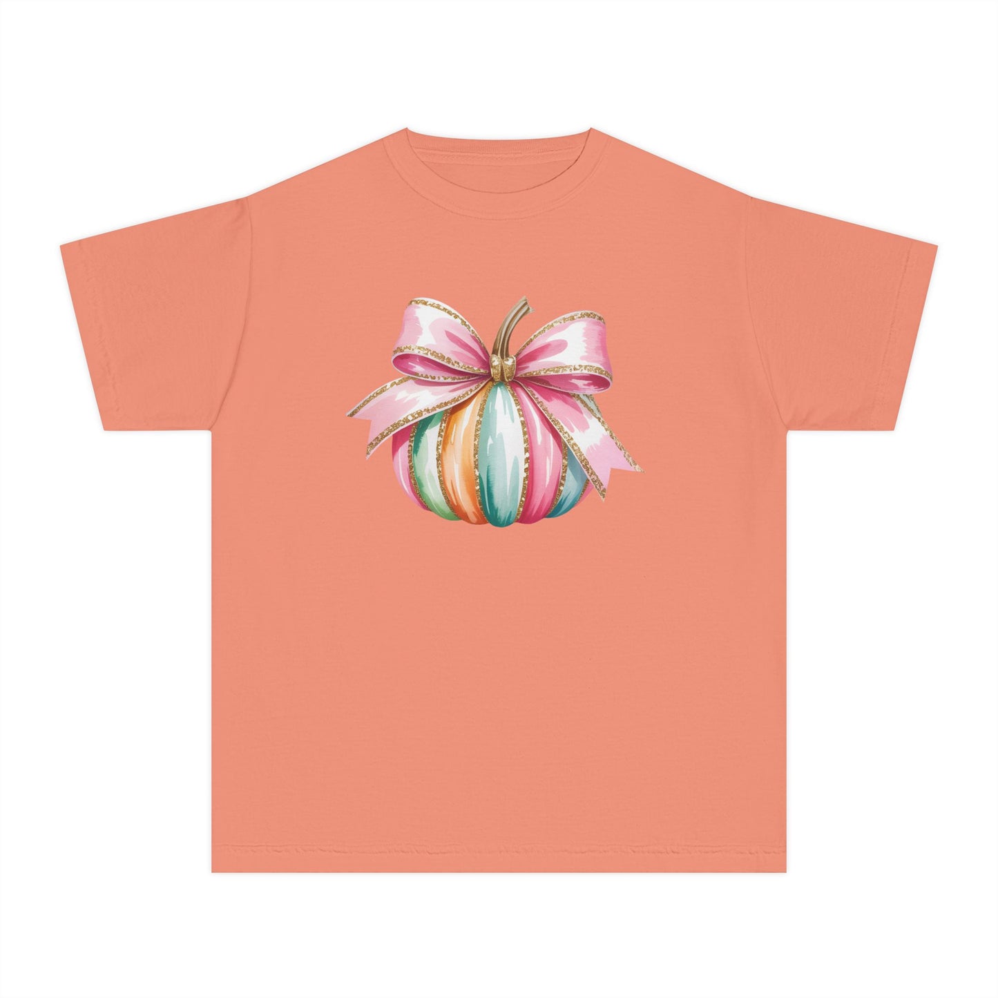 Pastel Pumpkin Bow Kids T-Shirt – Cute Fall Shirt for Girls, Festive Fall Tee, Thanksgiving & Halloween Outfit