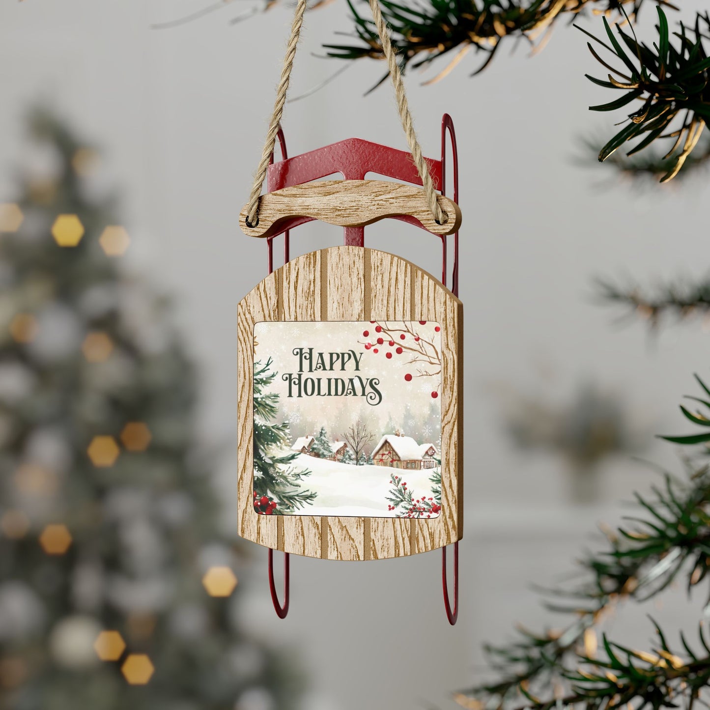 Holiday Sled Ornament with Scenic Winter Village Art by The Anchored Bloom