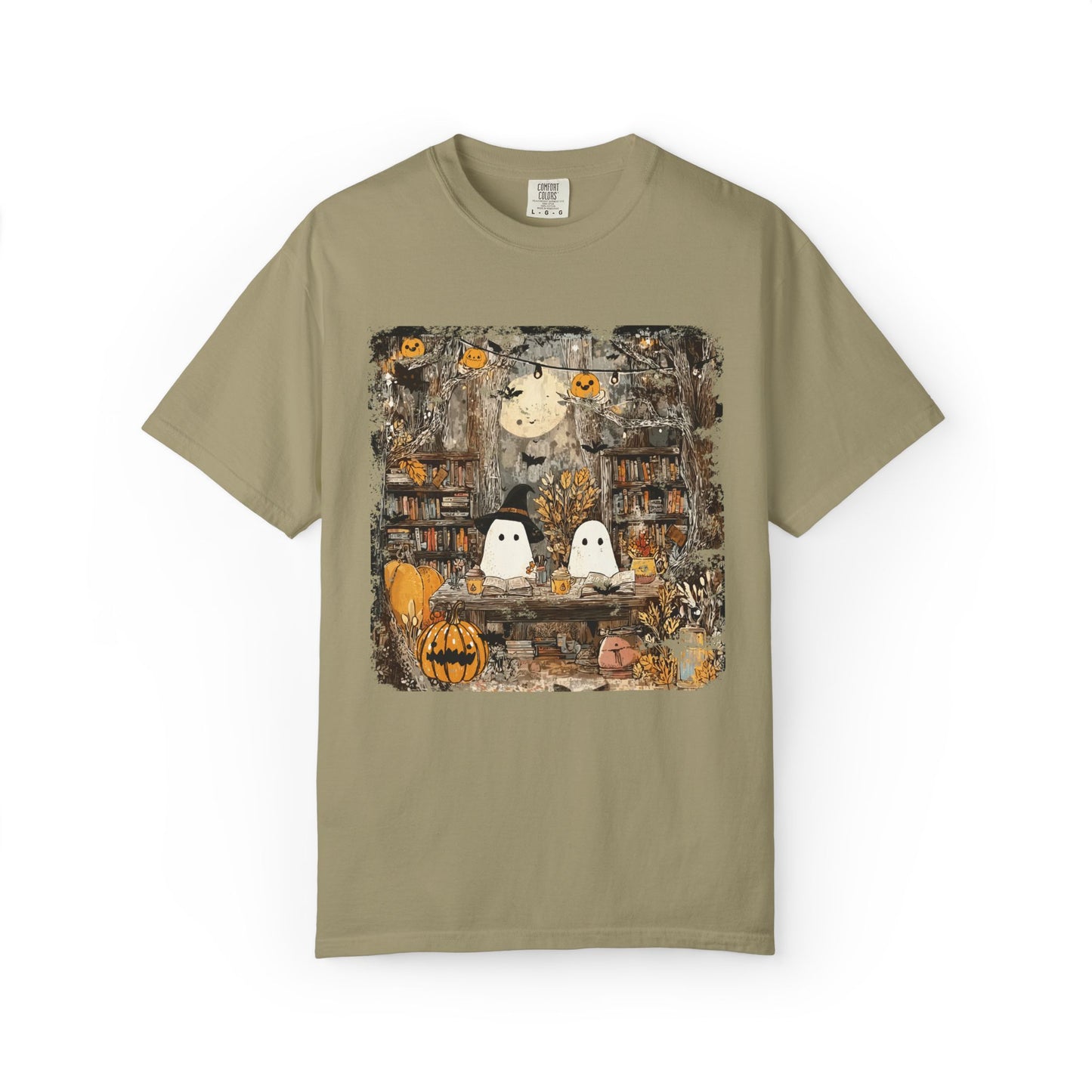 Ghost Library Comfort Colors T-Shirt | Cozy Halloween Reading Graphic Tee