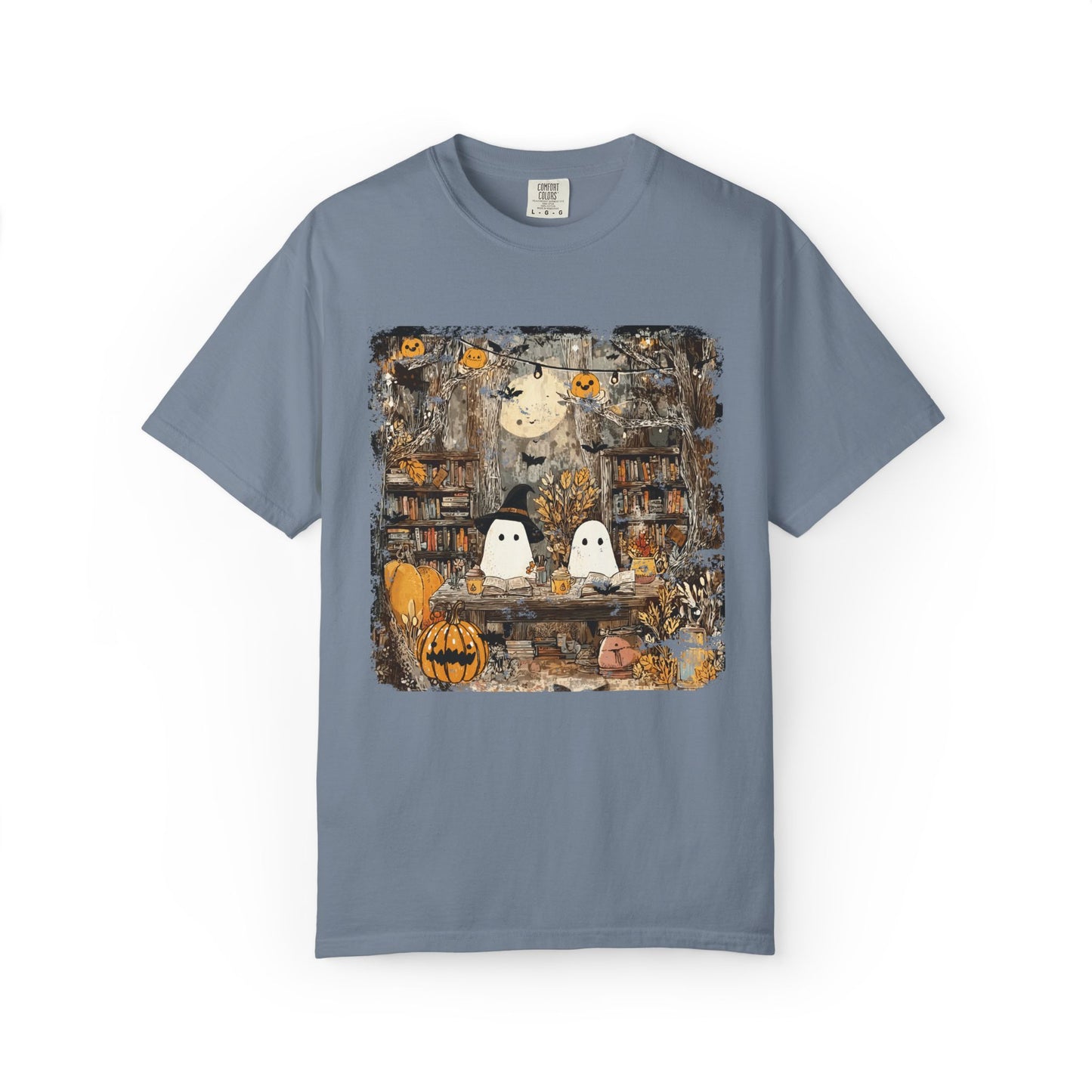 Ghost Library Comfort Colors T-Shirt | Cozy Halloween Reading Graphic Tee