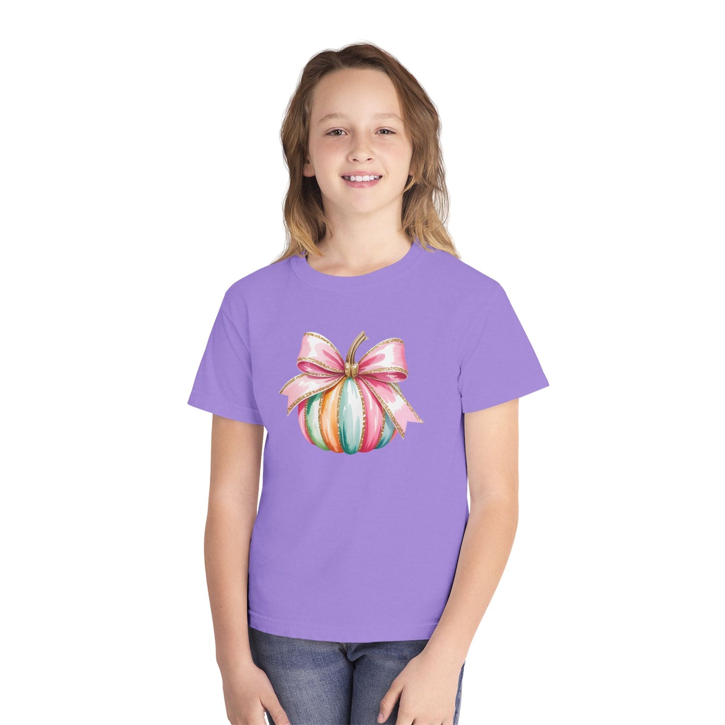 Pastel Pumpkin Bow Kids T-Shirt – Cute Fall Shirt for Girls, Festive Fall Tee, Thanksgiving & Halloween Outfit