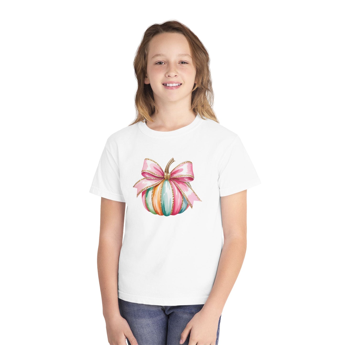 Pastel Pumpkin Bow Kids T-Shirt – Cute Fall Shirt for Girls, Festive Fall Tee, Thanksgiving & Halloween Outfit