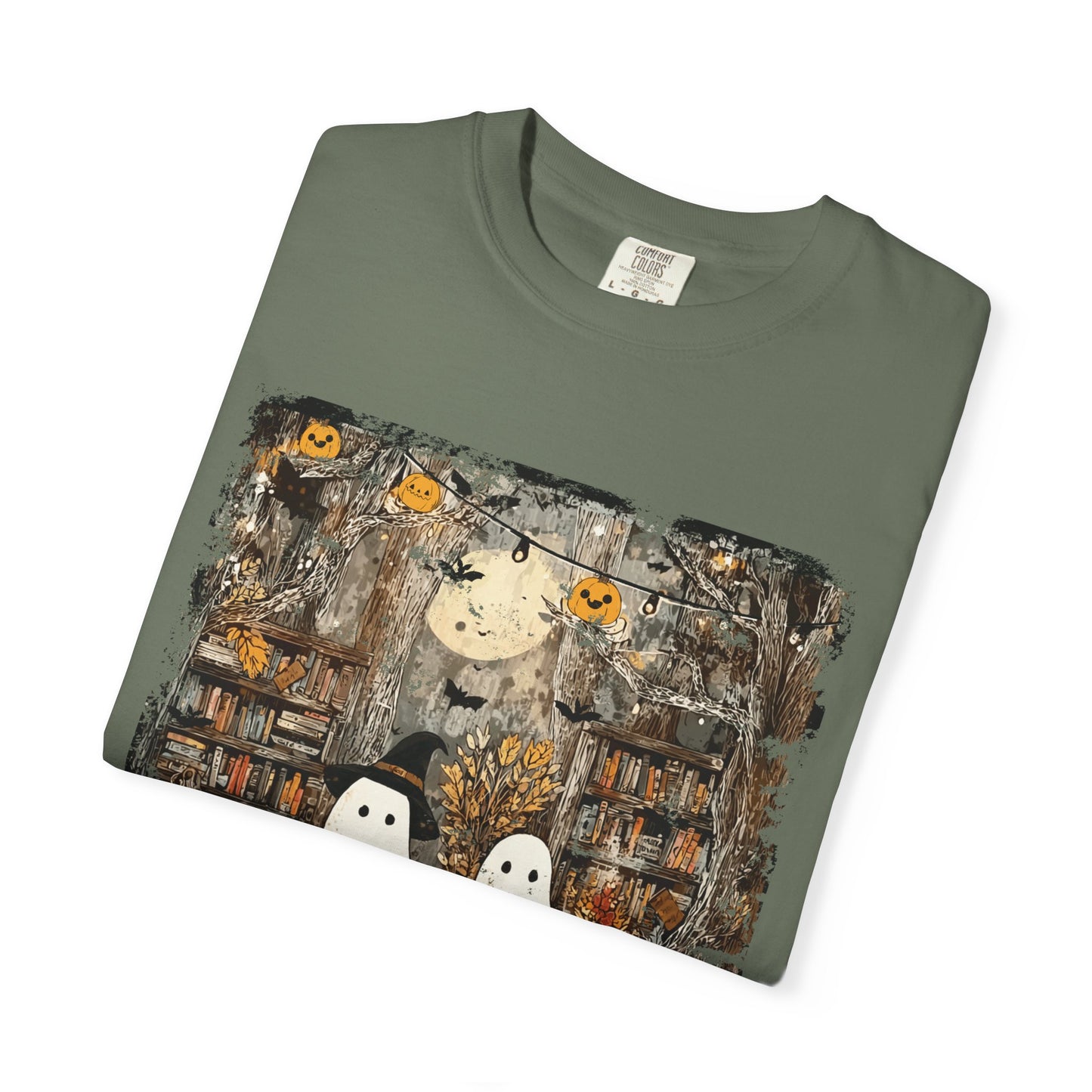 Ghost Library Comfort Colors T-Shirt | Cozy Halloween Reading Graphic Tee