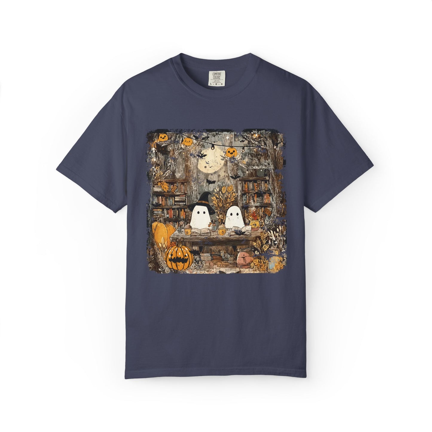 Ghost Library Comfort Colors T-Shirt | Cozy Halloween Reading Graphic Tee