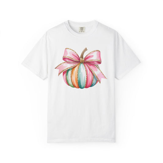 Pastel Pumpkin Bow T-Shirt – Cute Fall Graphic Tee, Teacher Gift, Fall Outfit, Festive Halloween Top