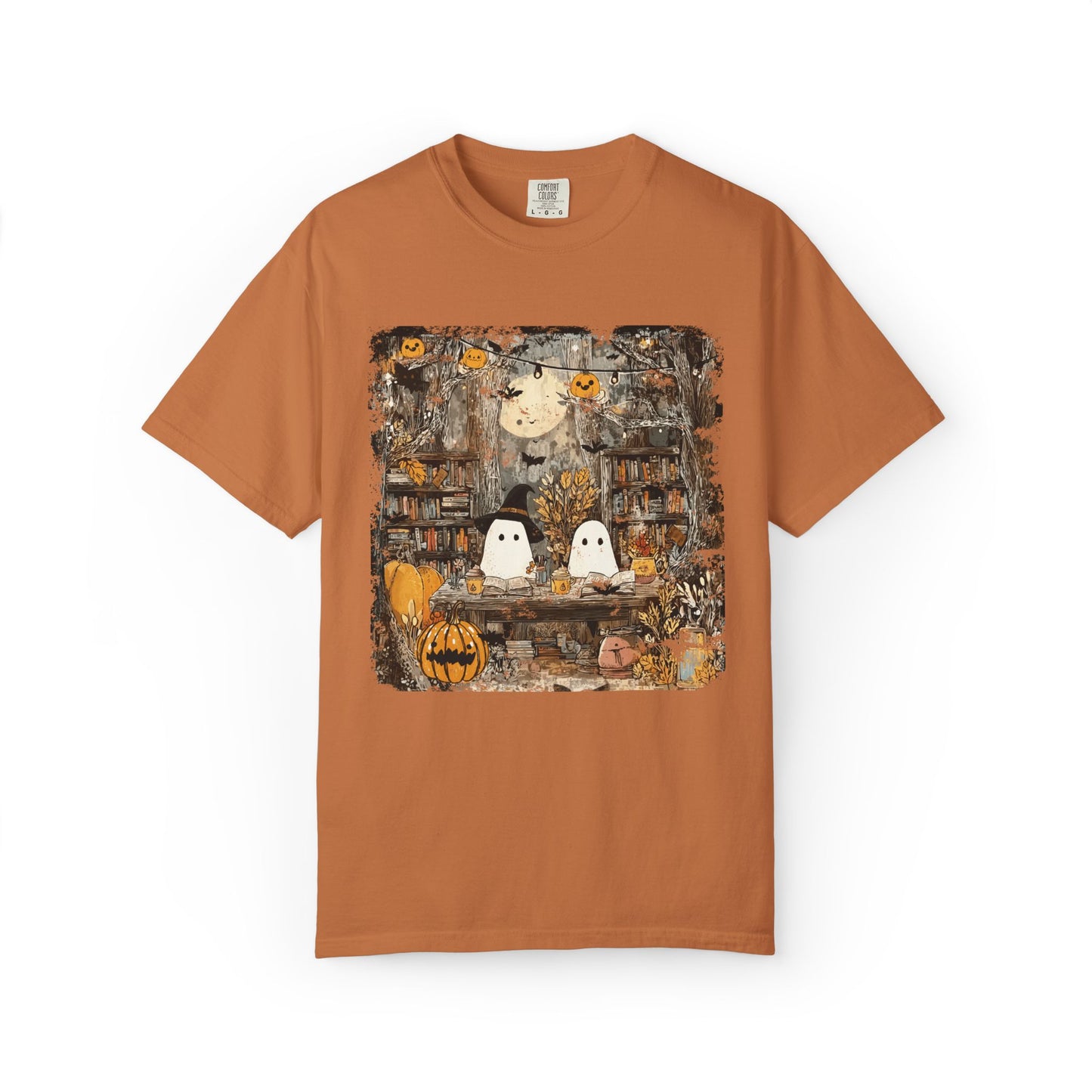 Ghost Library Comfort Colors T-Shirt | Cozy Halloween Reading Graphic Tee