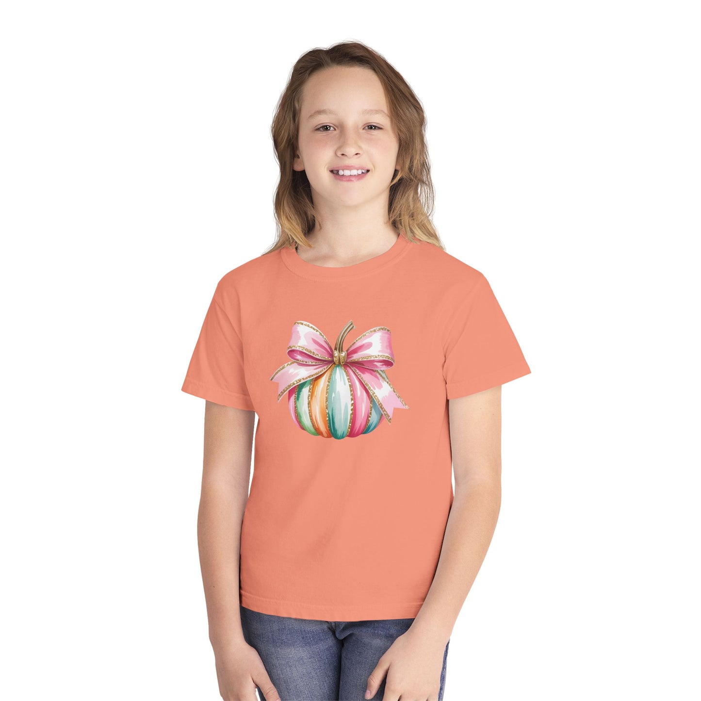 Pastel Pumpkin Bow Kids T-Shirt – Cute Fall Shirt for Girls, Festive Fall Tee, Thanksgiving & Halloween Outfit