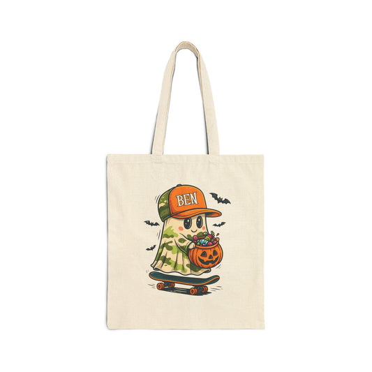 Personalized Skateboard Ghost Halloween Tote Bag | Custom Trick or Treat Bag for Kids