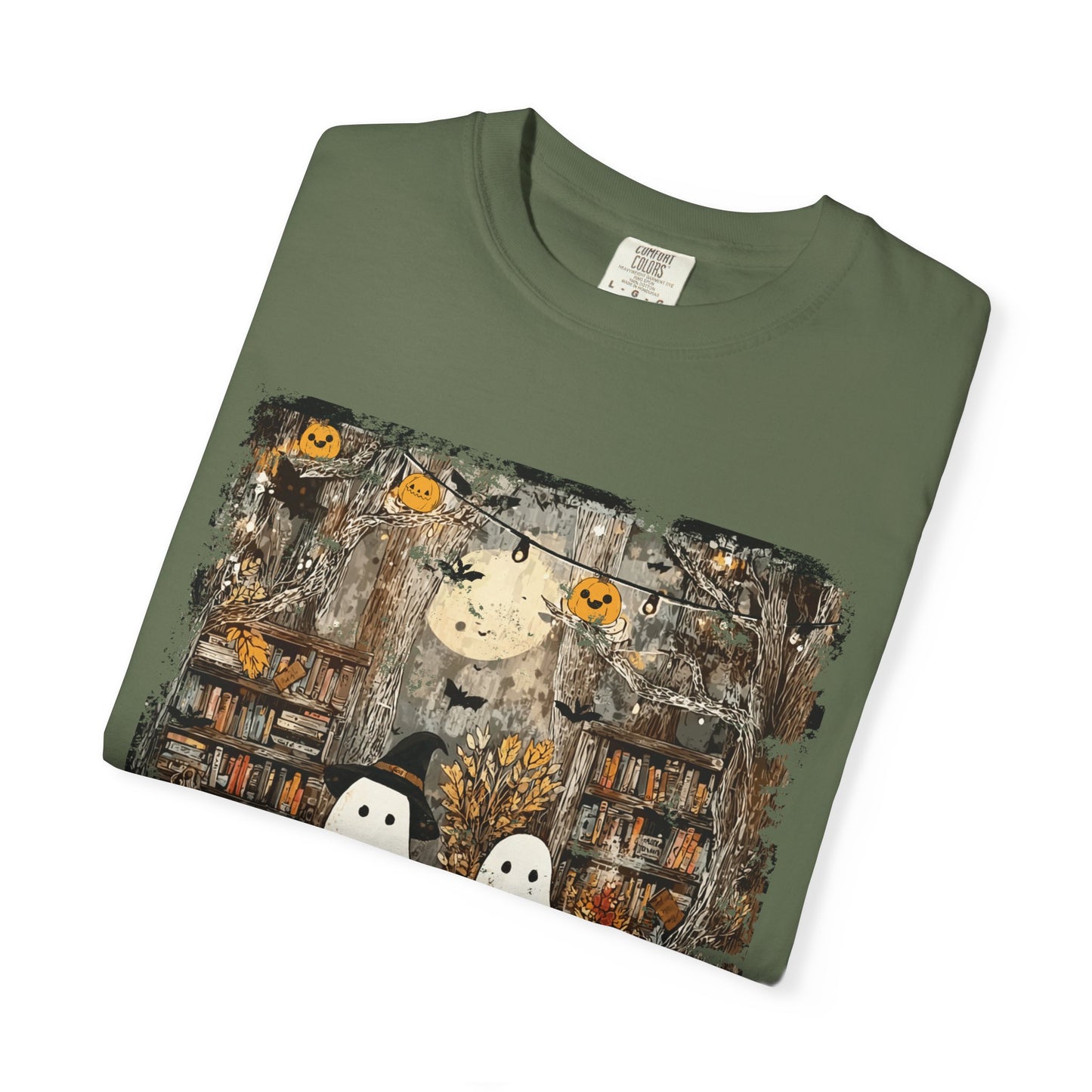 Ghost Library Comfort Colors T-Shirt | Cozy Halloween Reading Graphic Tee
