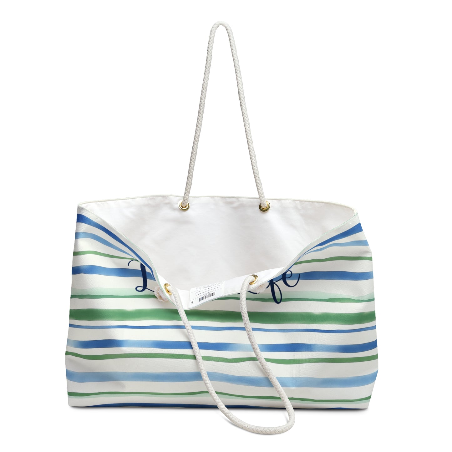 Personalized Blue and Green Stripe Rope Handle Tote Bag