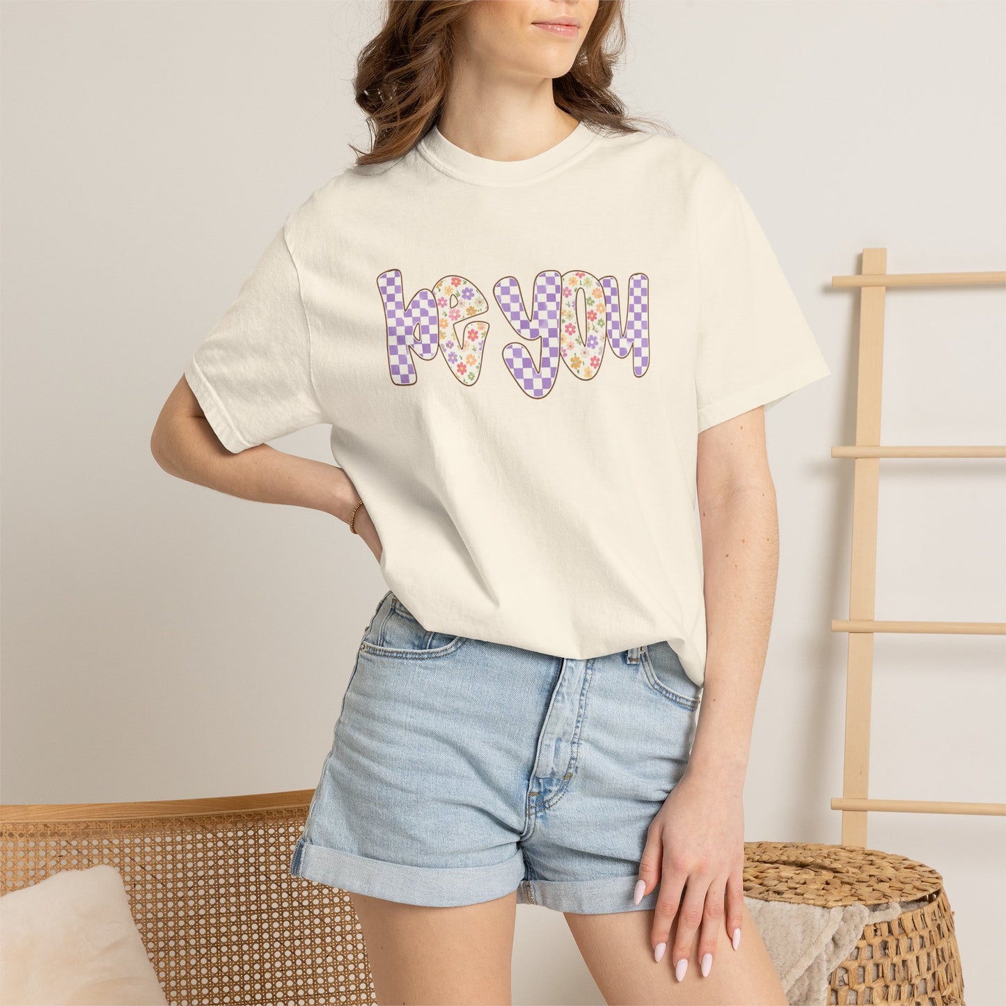 Be You Comfort Colors® T-Shirt | Retro Floral Checkered Inspirational Shirt