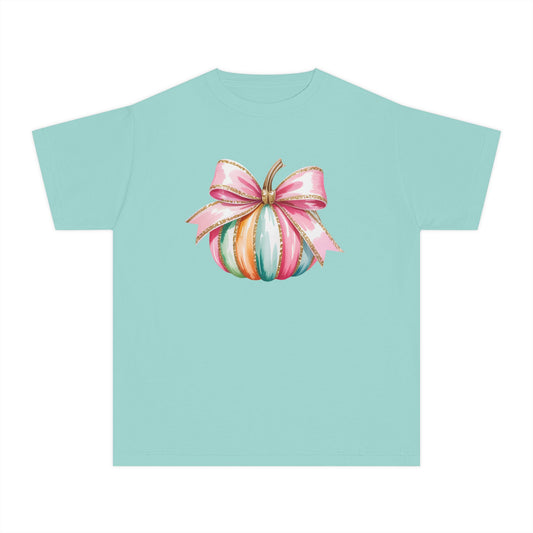 Pastel Pumpkin Bow Kids T-Shirt – Cute Fall Shirt for Girls, Festive Fall Tee, Thanksgiving & Halloween Outfit