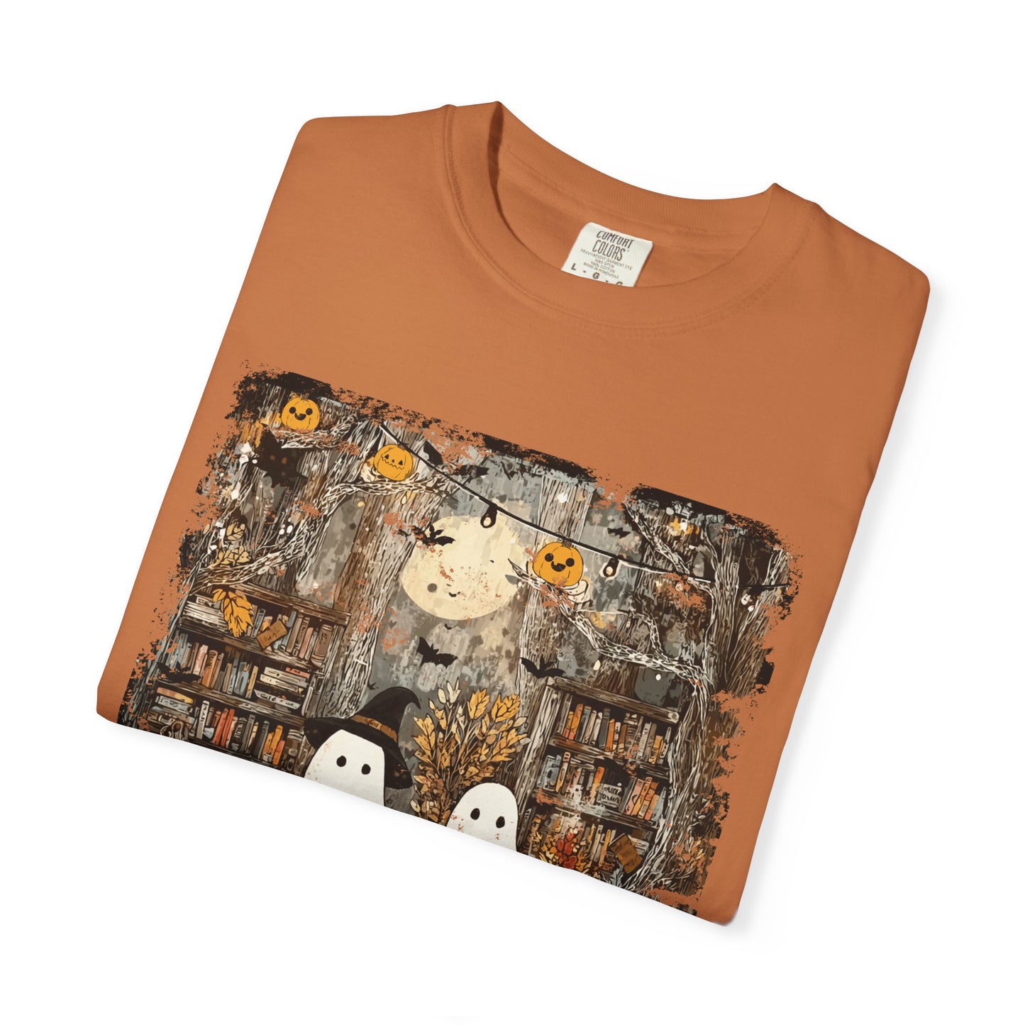 Ghost Library Comfort Colors T-Shirt | Cozy Halloween Reading Graphic Tee