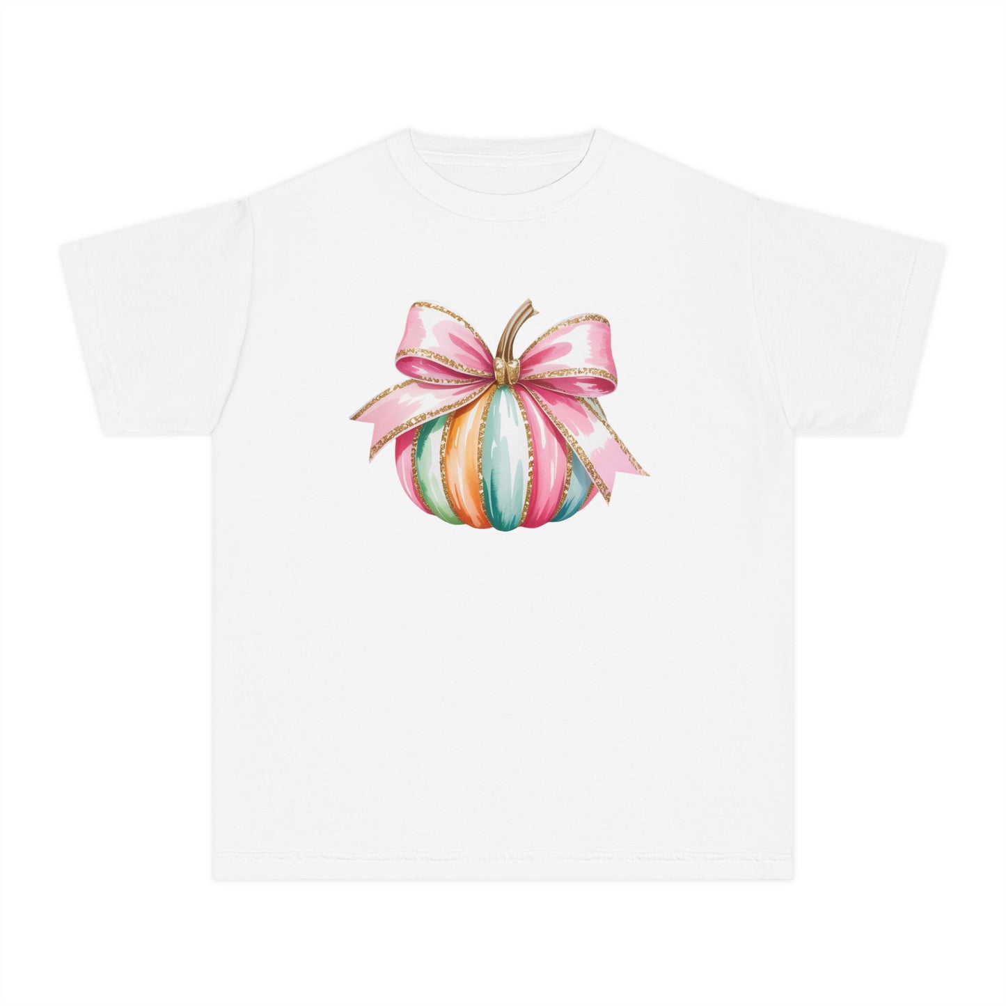 Pastel Pumpkin Bow Kids T-Shirt – Cute Fall Shirt for Girls, Festive Fall Tee, Thanksgiving & Halloween Outfit