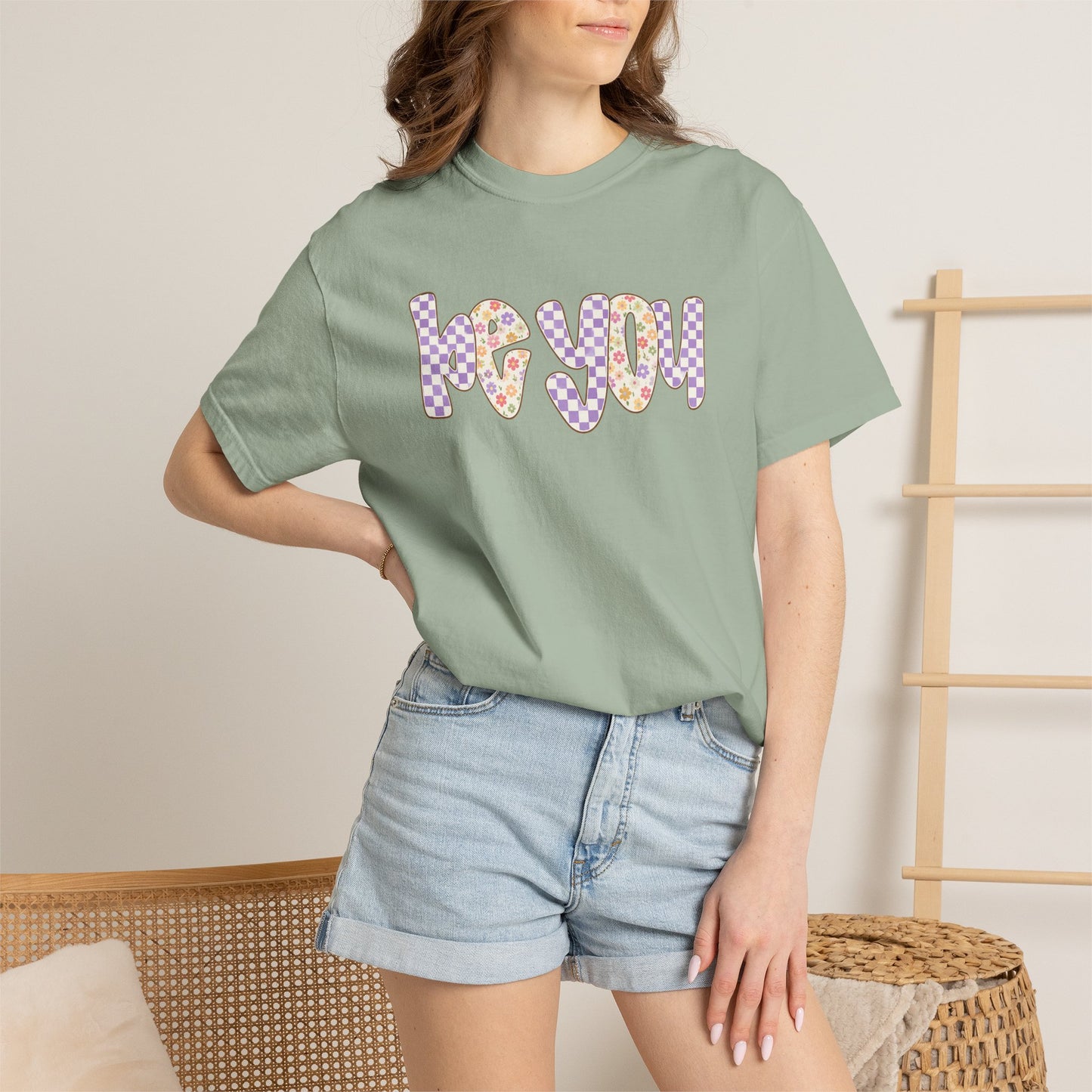 Be You Comfort Colors® T-Shirt | Retro Floral Checkered Inspirational Shirt