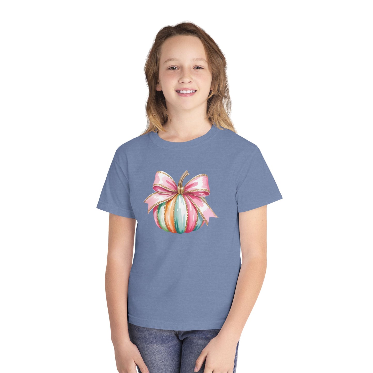 Pastel Pumpkin Bow Kids T-Shirt – Cute Fall Shirt for Girls, Festive Fall Tee, Thanksgiving & Halloween Outfit